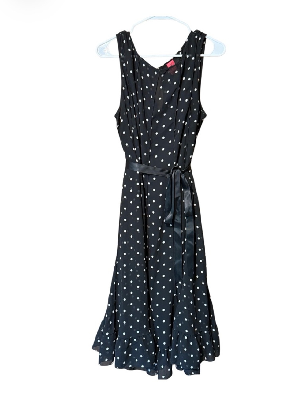 Z Studio Black Polka Dot Midi Dress 20W Plus Size Belted Sleeveless Ruffle Hem